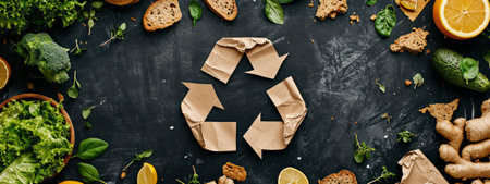 Food scraps and a cardboard recycle symbol on used paper, depicting organic recycling and compostingの素材