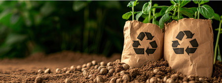 A recycle symbol crafted from brown paper lies in fertile soil, sprouting a vibrant green plantの素材
