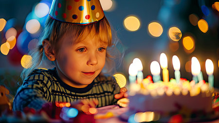 Happy kids enjoying a festive birthday party with colorful cakes and decorationsの素材
