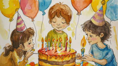 Illustrated children celebrating with birthday cakes and festive hatsの素材