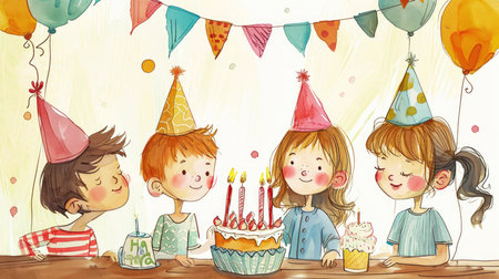 Illustrated children celebrating with birthday cakes and festive hatsの素材