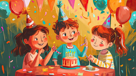 Illustrated children celebrating with birthday cakes and festive hatsの素材