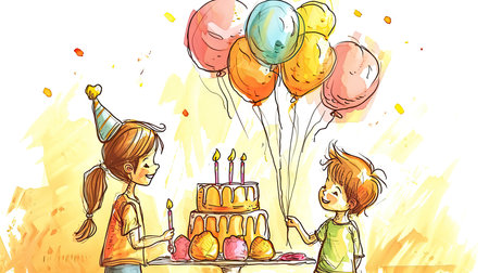 Illustrated children celebrating with birthday cakes and festive hatsの素材