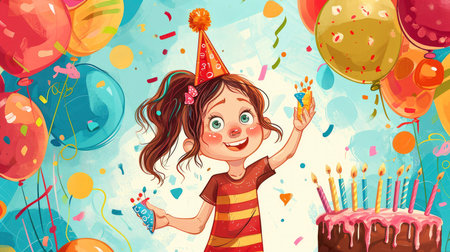 Illustrated children celebrating with birthday cakes and festive hatsの素材