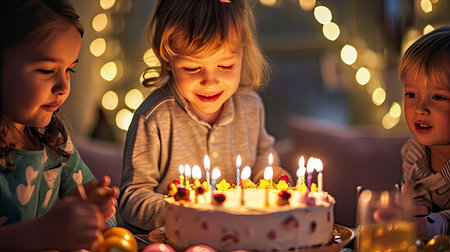 Sketch of kids at a birthday celebration with balloons and a cakeの素材