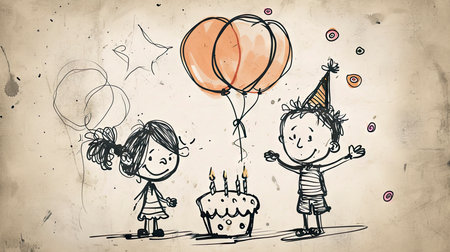 Sketch of kids at a birthday celebration with balloons and a cakeの素材