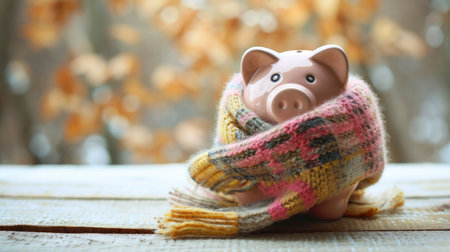 A piggy bank snuggled in a warm scarf by a frosty window, symbolizing savings in winterの素材