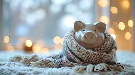A piggy bank snuggled in a warm scarf by a frosty window, symbolizing savings in winterの素材