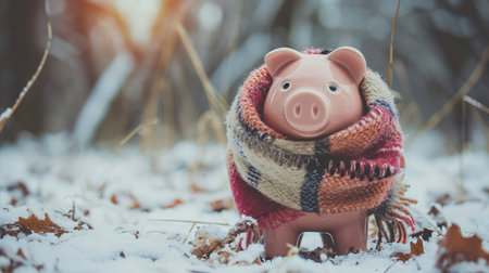 A piggy bank snuggled in a warm scarf by a frosty window, symbolizing savings in winterの素材