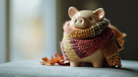 A piggy bank snuggled in a warm scarf by a frosty window, symbolizing savings in winterの素材
