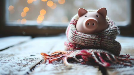 A piggy bank snuggled in a warm scarf by a frosty window, symbolizing savings in winterの素材