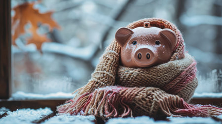 A piggy bank snuggled in a warm scarf by a frosty window, symbolizing savings in winterの素材