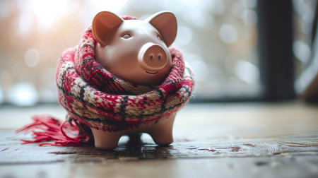 A piggy bank snuggled in a warm scarf by a frosty window, symbolizing savings in winterの素材