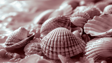 A close-up of assorted seashells in sepia tones, highlighting textures and patternsの素材