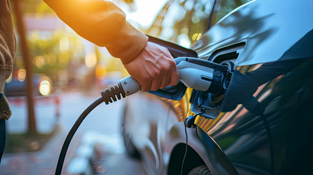 A person's hand plugging in a charger to an electric car on a city streetの素材