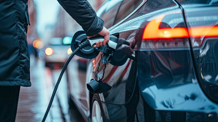 A person's hand plugging in a charger to an electric car on a city streetの素材