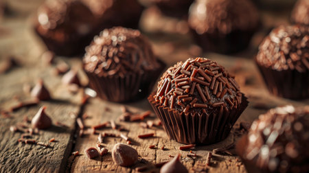 Close-up of decadent chocolate brigadeiros covered with sprinkles on a rustic wooden backgroundの素材
