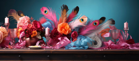 Opulent masks adorned with feathers and jewels, set against an array of lit candles and festive decorations, evoking the mysterious allure of a masquerade ballの素材