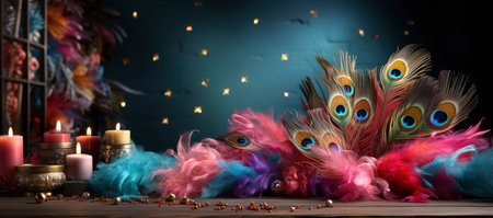 Opulent masks adorned with feathers and jewels, set against an array of lit candles and festive decorations, evoking the mysterious allure of a masquerade ballの素材