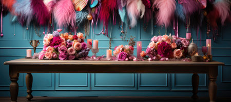 Opulent masks adorned with feathers and jewels, set against an array of lit candles and festive decorations, evoking the mysterious allure of a masquerade ballの素材