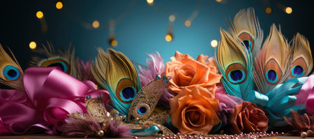 Opulent masks adorned with feathers and jewels, set against an array of lit candles and festive decorations, evoking the mysterious allure of a masquerade ballの素材