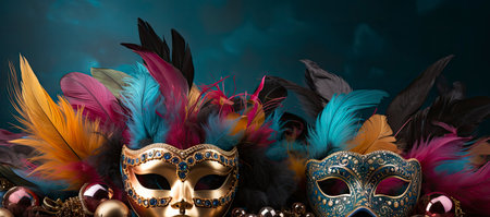 Opulent masks adorned with feathers and jewels, set against an array of lit candles and festive decorations, evoking the mysterious allure of a masquerade ballの素材