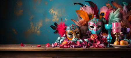 Opulent masks adorned with feathers and jewels, set against an array of lit candles and festive decorations, evoking the mysterious allure of a masquerade ballの素材