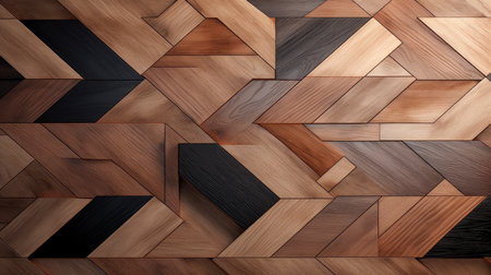 A detailed image showcasing the warm, rich texture of a herringbone wooden floor with interlocking patternsの素材