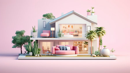luxury villa with a swimming pool, flanked by lounge chairs and illuminated by soft lightsの素材