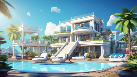 luxury villa with a swimming pool, flanked by lounge chairs and illuminated by soft lightsの素材