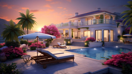 luxury villa with a swimming pool, flanked by lounge chairs and illuminated by soft lightsの素材