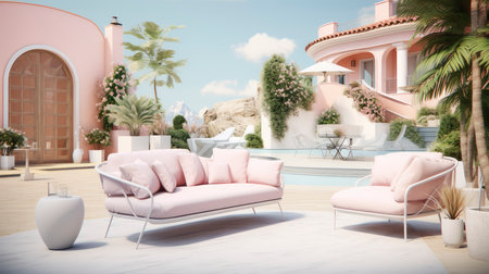 luxury villa with a swimming pool, flanked by lounge chairs and illuminated by soft lightsの素材