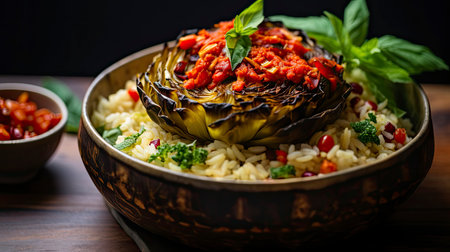 A beautifully roasted cabbage wedge salad, topped with fresh veggies, crunchy seeds, and a drizzle of tangy dressing, served in a rustic earthenware bowlの素材