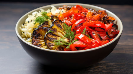 A beautifully roasted cabbage wedge salad, topped with fresh veggies, crunchy seeds, and a drizzle of tangy dressing, served in a rustic earthenware bowlの素材