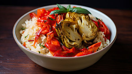 A beautifully roasted cabbage wedge salad, topped with fresh veggies, crunchy seeds, and a drizzle of tangy dressing, served in a rustic earthenware bowlの素材