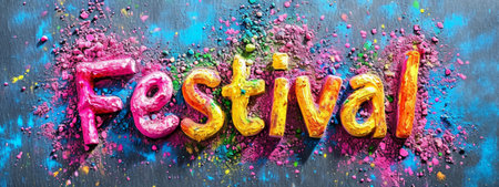 High-spirited crowd celebrating Holi with vibrant powder colors flying in the air, creating a dynamic and joyful sceneの素材