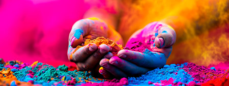 High-spirited crowd celebrating Holi with vibrant powder colors flying in the air, creating a dynamic and joyful sceneの素材