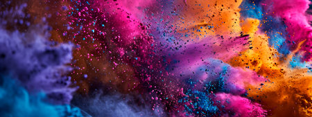 High-spirited crowd celebrating Holi with vibrant powder colors flying in the air, creating a dynamic and joyful sceneの素材