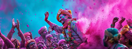 Revelers enjoy the Holi festival, hands raised amid clouds of bright, multicolored powderの素材