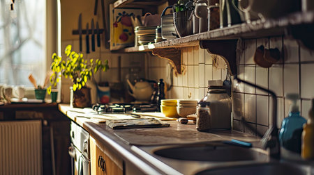A home kitchen basks in the warm glow of the setting sun, highlighting the wooden cabinetsの素材