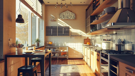 A home kitchen basks in the warm glow of the setting sun, highlighting the wooden cabinetsの素材