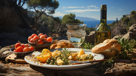 A rustic outdoor picnic set against a Mediterranean sea backdrop, featuring fresh produce, bread, and wineの素材