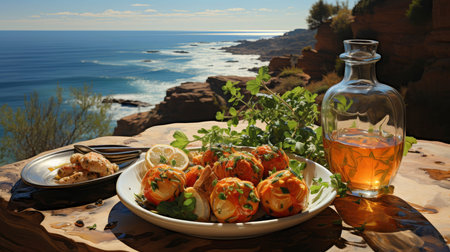 A rustic outdoor picnic set against a Mediterranean sea backdrop, featuring fresh produce, bread, and wineの素材
