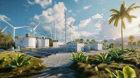 A mixed renewable energy plant with towering wind turbines and solar panels set in a natural landscape under a sunny skyの素材