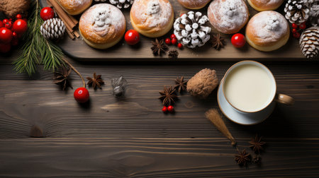 A holiday arrangement with sliced oranges, pine cones, and fir branches on a rustic wooden backgroundの素材