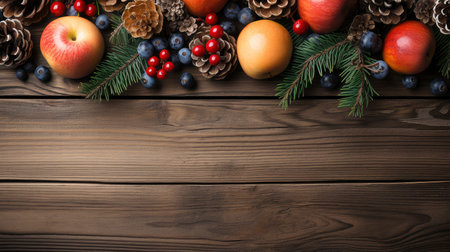 A holiday arrangement with sliced oranges, pine cones, and fir branches on a rustic wooden backgroundの素材