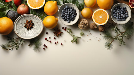 A holiday arrangement with sliced oranges, pine cones, and fir branches on a rustic wooden backgroundの素材