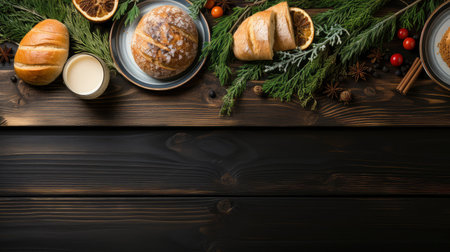 A holiday arrangement with sliced oranges, pine cones, and fir branches on a rustic wooden backgroundの素材