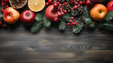 A holiday arrangement with sliced oranges, pine cones, and fir branches on a rustic wooden backgroundの素材
