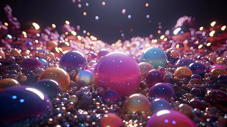 A whimsical, dreamlike scene with vibrant floating balloons amidst a fantastical landscapeの素材